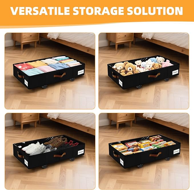 2 Pack Under Bed Storage with Wheels – 30.5×17×5.5 Inch, Underbed Storage with Sturdy Sidewalls/Bottom, Clear Cover, Label and PU Handle, Rolling Under Bed Drawers for Clothes, Shoes, Toys, Blankets