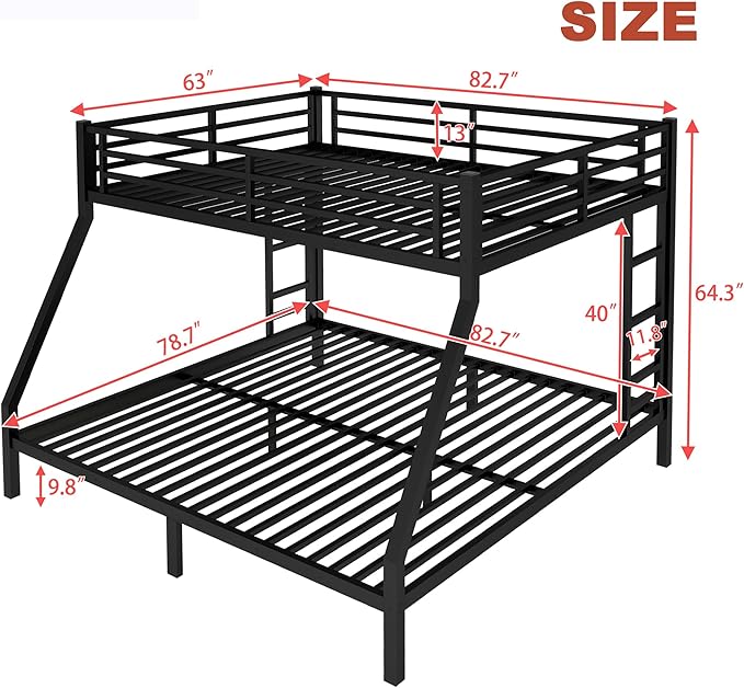 Upgraded Version Thickened Metal Heavy-Duty Queen Over King Bunk Bed, Best Modern Style Stronger King Size Bunk Bed Frame with Ladder for Adults, Easy Assembly (Queen Over King)