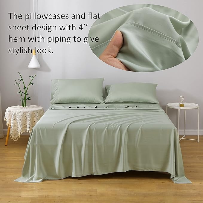 Linen World Cooling Bed Sheets Set Full Size,100% Organically Grown Viscose Sheets,Deep Pocket Up to 16",4 Pieces Silky Soft,Breathable Bedding Sheets & Pillowcases(Sage Green,Full)