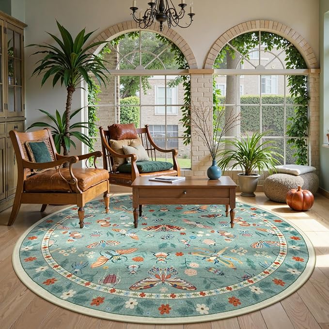 Lahome Insect Washable Round Area Rug, Soft Round Rugs 6ft Ultra-Thin Non-Slip, Boho Large Circle Carpet for Bedroom Living Room Kitchen Nursery, Green