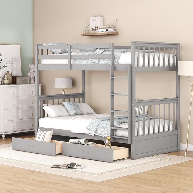 Merax Wood Bunk Bed with Drawers,Convertible Wood Bunk Bed with Ladders and Two Storage Drawers,Solid Wood Detachable Bunk Bed Frame with Ladders,Twin Over Twin Size,Grey