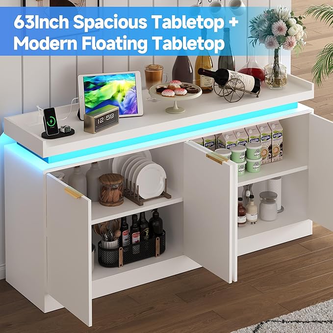LED Sideboard Buffet Cabinet with Storage, 63'' Large Kitchen Buffet Cabinet Storage Cabinets with 4 Doors, Wood Coffee Bar Cabinets Buffet Table for Kitchen, Dining Room, Entryway