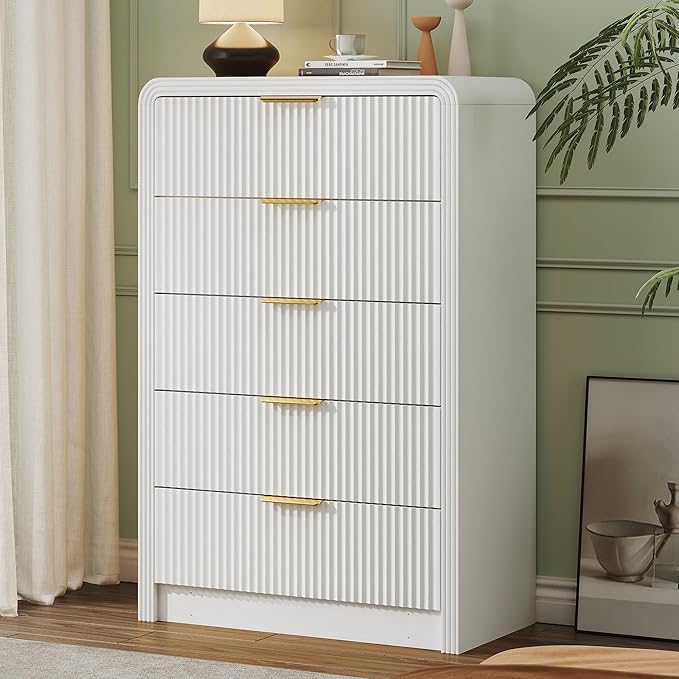 Fluted 5 Drawers Dresser, 48" Tall Modern Chest of Drawers with Round Edge & Metal Handle, Wood Drawer Organizer for Living Room, Bedroom, Entryway, Hallway (White)