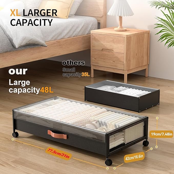 Under Bed Storage with Wheels, XXL Larger Under Bed Storage Containers with Clear Lids, 31'' Lengthen Under Bed Shoe Organizer for Shoes Clothes(Black 2 Pack, XXL(31"x16.6"x7.48"))