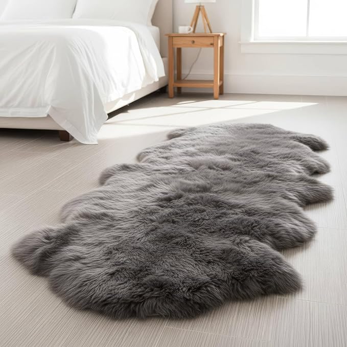 Premium Gray Sheepskin Rug Genuine Fur Bedside Runner 2x6ft - Great for Soothing Feet - Ethically Sourced Sheep Fur Rugs - Sheepskins Wool Runner