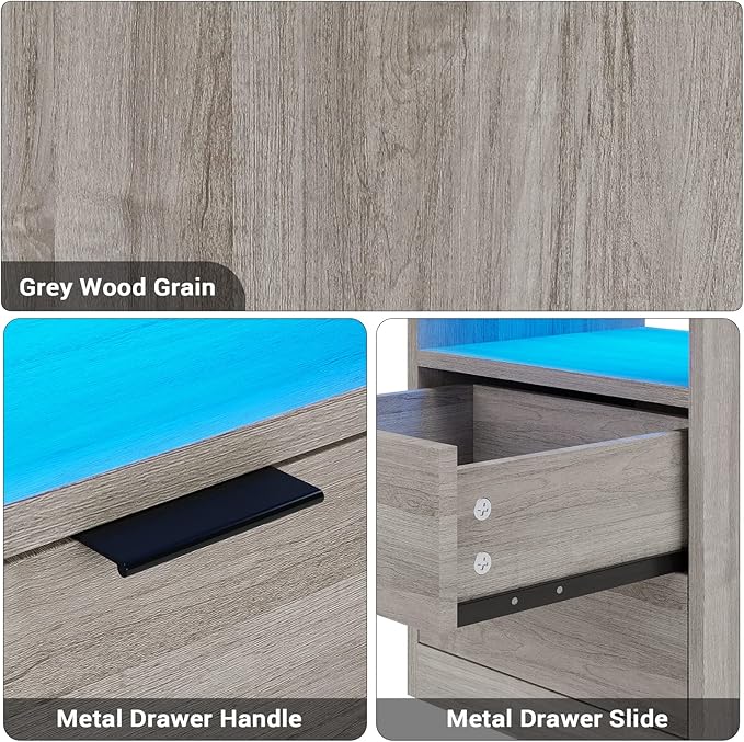 Tiptiper LED Nightstand with Wireless Charging Station, Farmhouse Nightstand with LED Light, Rustic End Table Side Table with Drawers, Pull-Out Tray and Open Storage, Grey Wood Grain