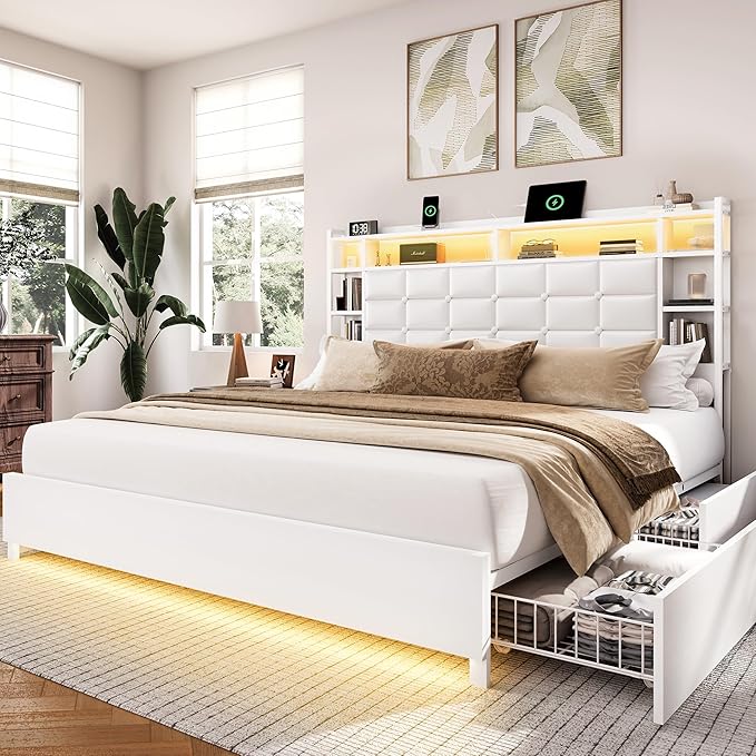 LARMACE Queen Size Bed Frame with 4 Storage Drawers and Bookcase Headboard, Faux Leather Upholstered, Wooden Platform Bed Frame with Charging Station and LED Lights, No Box Spring Needed, White