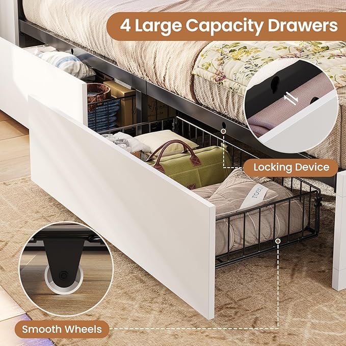 VIAGDO Farmhouse Bed Frame Twin Size with Bookcase Storage Headboard, Charging Station and LED Lights, Wooden Twin Bed Frames with 4 Drawers, Barn Door Design, No Box Spring Needed, No Noise, White