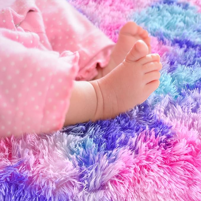 Noahas Oval Fluffy Hot Pink Rainbow Rug 2.6X5.3 Small Kids Rugs for Bedroom Girls Aesthetic,Bedside Bedroom Rug,Ultra Soft Runner Carpet Modern Shaggy Nursery Area Rugs Home Decor
