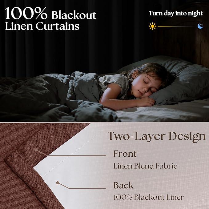 Chestnut Brown Pinch Pleated Blackout Linen Curtains 86 Inches Long for Bedroom Pleated 100% Black Out Drapes with Liner Rust Farmhouse Country Extra Long 86 Inch Curtain for Living Dining Room