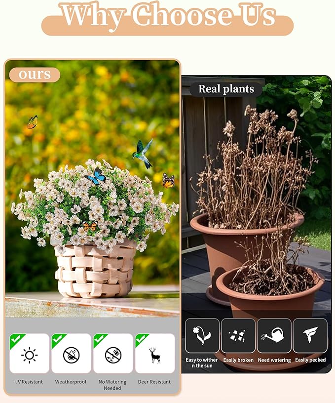 JAKY-Global Faux Flowers for Outdoor Planters 16 Bundles UV Resistant Artificial Eucalyptus Plants Outside Spring Summer Yard Decoration Realistic Silk Daisy Used Patio,Front Porch,Garden,Pots Decor