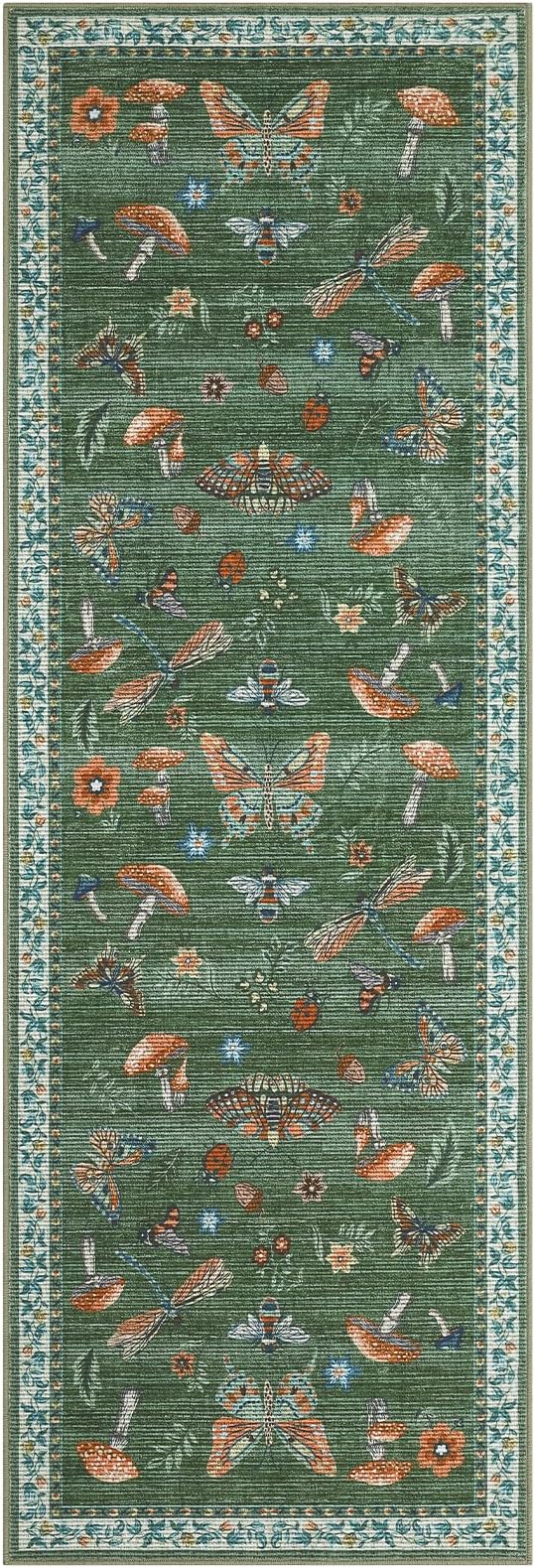 2.5x10 Runner Rug for Hallway Washable Kitchen Rugs Non Slip with Rubber Back Mushroom Soft Low-Pile Stain Resistant Foldable Indoor Carpet for Entryway Laundry Room Floor Mats Green