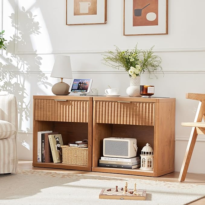 LEYAOYAO Fluted Nightstand with Charging Station, 23" Wide 1 Drawers End Table,Brown Night Stand with Open Storage Cabinet, Farmhouse Bed Side Tables, Wood Dresser for Bedroom, Living Room, Closet