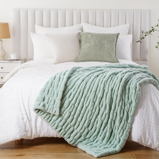 BATTILO HOME Faux Fur Throw Blanket for Couch, Super Soft Cozy Blanket, Double Side Ruched Rabbit Fur Blanket for Bed, Living Room, 60"x80", Sage Green