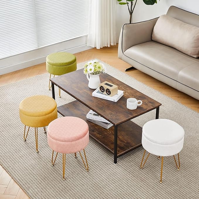 Cpintltr Foot Stool Velvet Storage Ottoman with Removable Lid Round Sofa Stools Foot Rest with Padded Seat Modern Style Makeup Stool Decorative Furniture Suitable for Lounge Dorm Room Bluish Grey