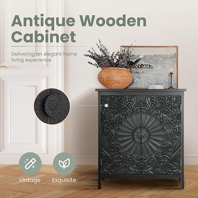 PHI VILLA Black Accent Cabinet with Doors, Small Buffet Sideboard Storage Cabinet, Entryway Cabinets