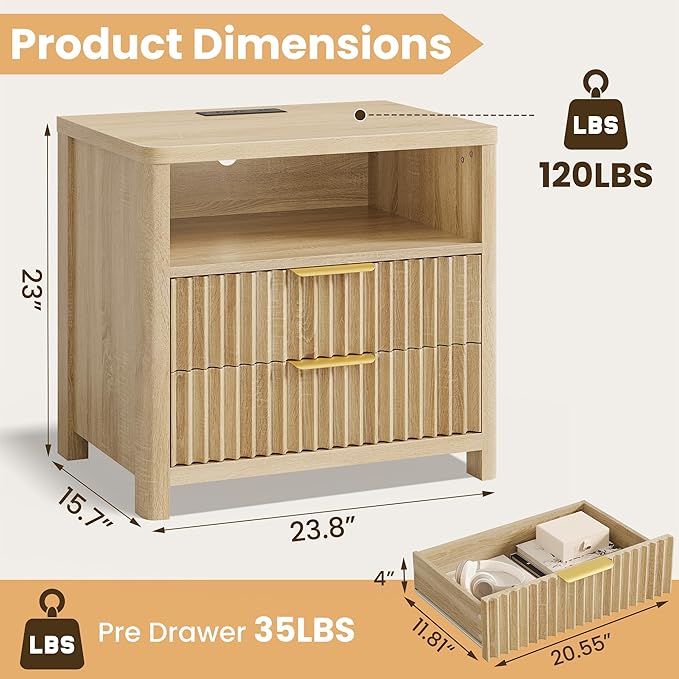 CypBed Night Stand with Charging Station, Bedside Tables with 2 Drawers & Storage Shelf, Wood Fluted Nightstand with Rounded Corner Design, Modern End Table for Bedroom, Easy Assembly