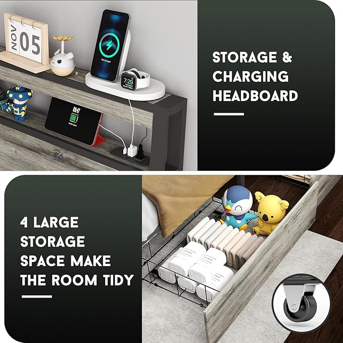 Queen Size Bed Frame with 4 Storage Drawers and Headboard with Charging Station and LED Lights,2 Tier Solid Wood Headboard Storage/Noise Free/No Box Spring Needed/Remote Control/Rustic Grey