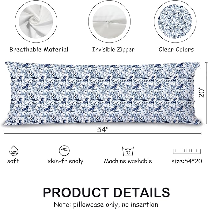 Chinoiserie Dachshund 20x54inch Body Pillows Decorations Covers, Blue and White Dog Grandmillennial Decorative Long Hug Throw Pillow Covers Pillowcases for Bed Couch