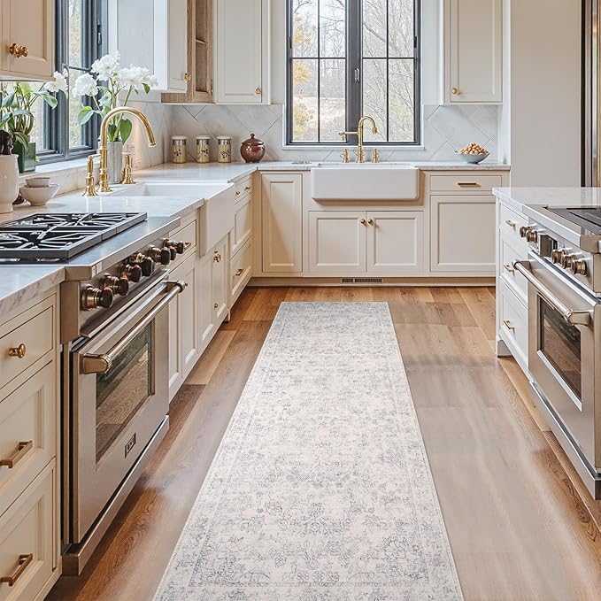 jinchan Runner Rug 2x6 Kitchen Rugs Hallway Runner - Machine Washable Vintage Floral Non-Slip, Low Pile Soft Ultra-Thin Distressed Carpet for Entryway Farmhouse Bedroom Laundry Room (2’x6’, Ivory)