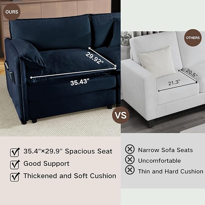 KEIKI Oversized Accent Chair Set of 2, Chenille Deep Seat Single Sofa Chairs with Side Pockets, Modern Upholstered Armchair for Bedroom, Living Room, Apartment, Blue