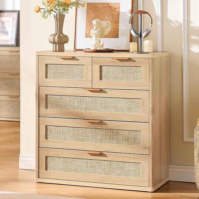 LEYAOYAO Rattan Dresser for Bedroom Set of 2, 33.5" Tall Chest of Drawers, Modern 5 Drawers Boho Dressers with Storage, Light Oak Dresser Wooden Closet Organizer for Living Room, Hallway, Natural Wood