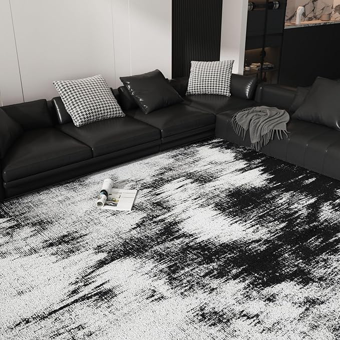 5x7 Area Rug Living Room Rugs - Machine Washable Neutral Abstract Rugs for Dinning Room Indoor Floor Non Silp Rug Carpet for Bedroom Home Office - Black White