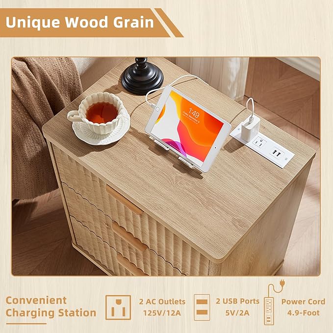 LEYAOYAO Fluted Dressers & Nightstand Set of 3, Wood 48" Wide Dresser & 42" Tall Chest of Drawers,Modern Bedroom Furniture Sets, Natural Wooden Nightstand with 3 Drawers & Charging Station