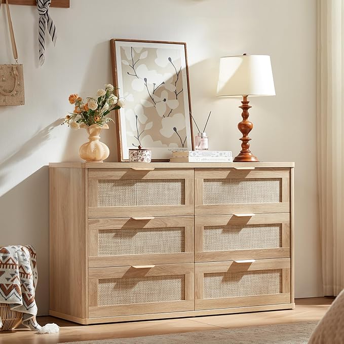 LEYAOYAO Rattan Dresser and Nightstand Set of 2, Boho Wood Dresser for Bedroom with 6 Drawers and Night Stand with 3 Drawer, Bedroom Furniture, Dressers & Chests of Drawers, Living Room, Hallway