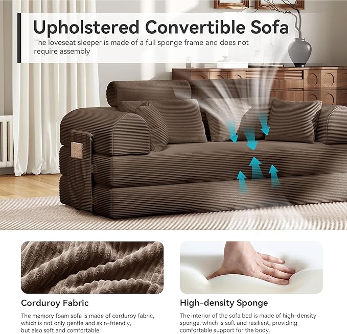 Upgrade High Backrest Design Sofa Bed with Fixed-Shape Frame & Removable Armrests and Backrest, Corduroy Fabric, Convertible Mattress Couch for Small Spaces - No Assembly Needed (High Backrest Brown)