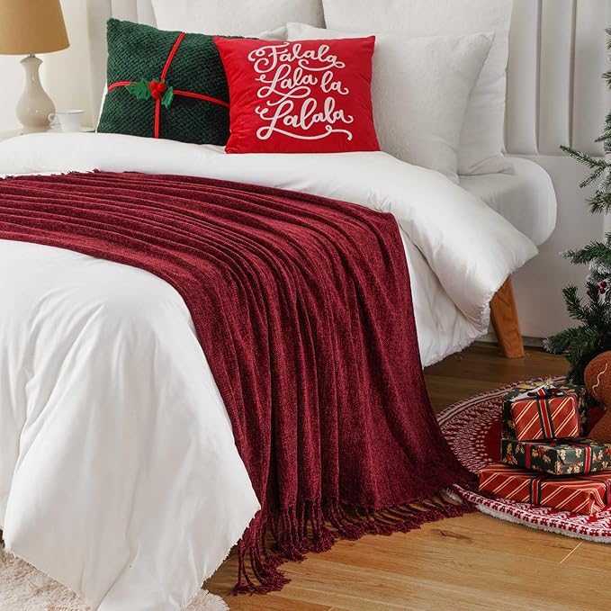 BATTILO HOME Burgundy Chenille Throw Blanket, Decorative Red Knit Throw with Fringe, Lightweight for Christmas Decor, 50"x60"