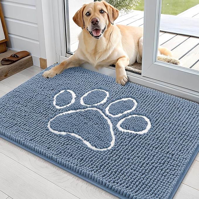 OLANLY Dog Door Mat for Muddy Paws 36x24, Paw Print Design, Absorbs Moisture and Dirt, Non-Slip Washable Doormat, Quick Dry Chenille Mud Mat, Entry Indoor Entryway Carpet, Airy Blue and White