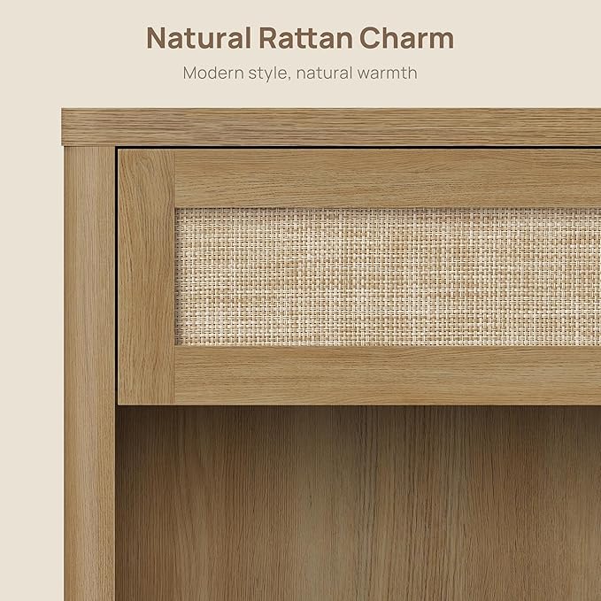 SICOTAS Night Stand Set of 2 26" Wide Large Nightstands with Drawer & Shelf Storage Rattan Bedside Table Boho End Table Tall Bed Side Tables Night Stands for Bedroom Living Room Sofa Office, Amber Oak