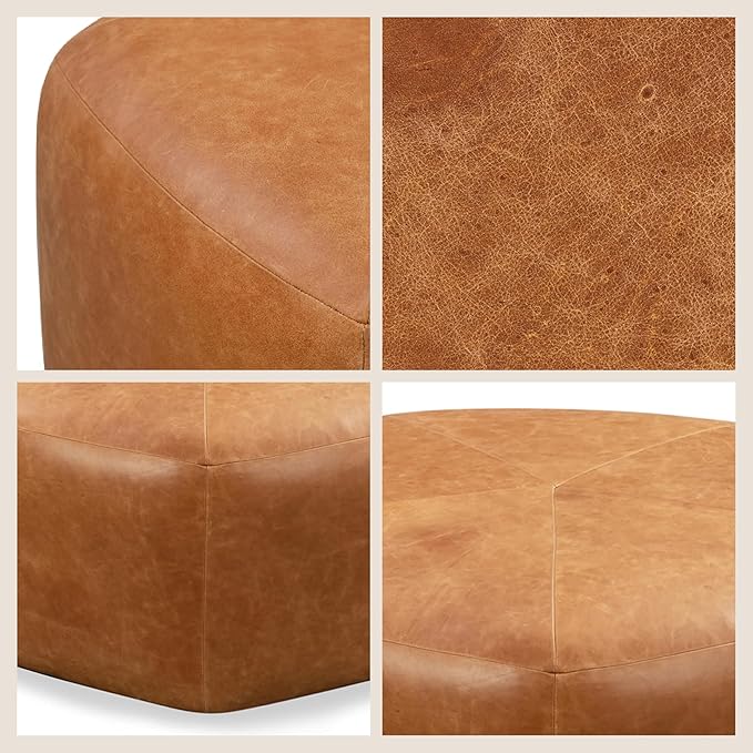 POLY & BARK Porto Ottoman – 37" Pentagon Pouf with Feather-Down Topper – Full-Grain Leather Upholstered Pouf Ottoman for Living Room – Vintage Italian Leather in Cognac Tan