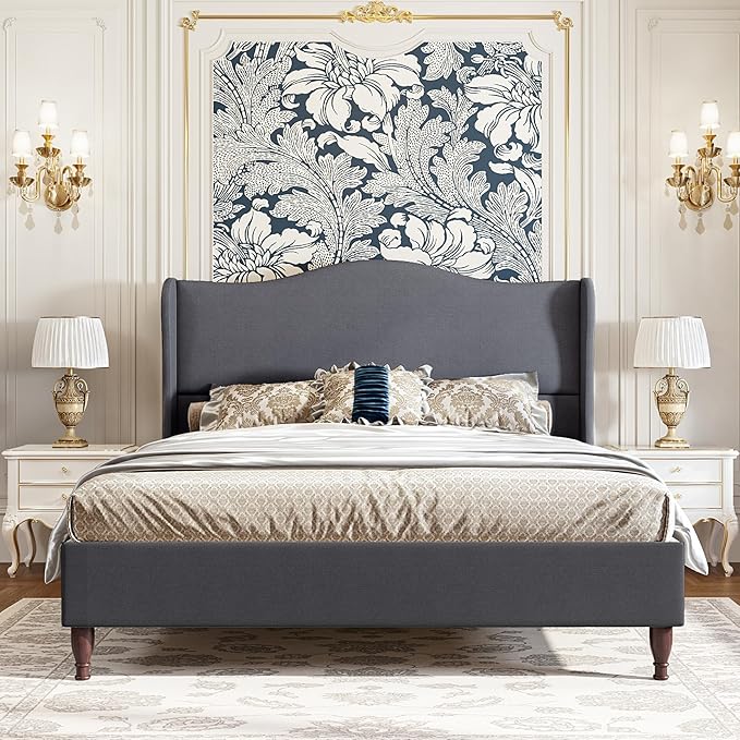 koorlian Full Size Bed Frame Upholstered Platform Bed with 51" Tall Headboard Wingback, Soft Fabric, Retro Simple Style Platform Bed No Box Spring Needed, Easy Assembly, Grey