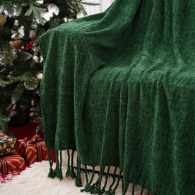 BATTILO HOME Chenille Knit Throw Blanket for Couch, Soft Cozy Christmas Green Knitted Throw Blanket with Fringe, Lightweight Blanket for Christmas Decoration, 50"x60"