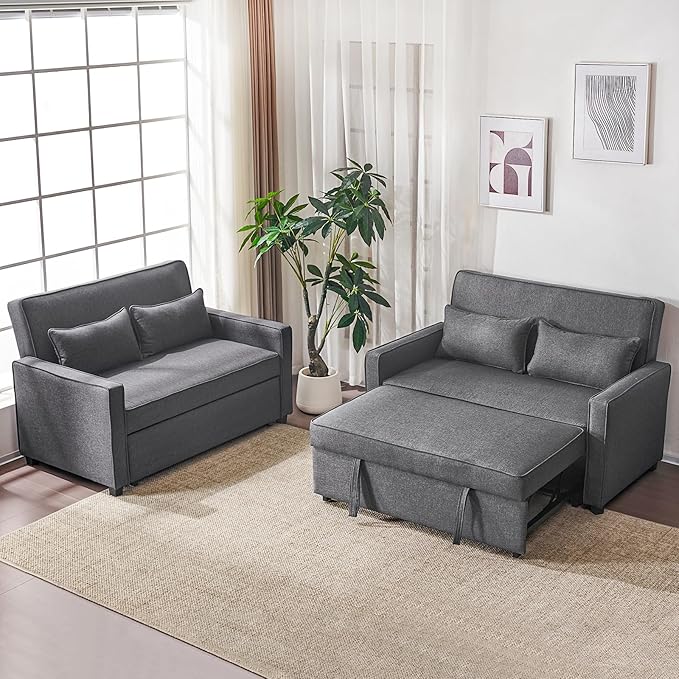 Furnimart 3-in-1 Convertible Sleeper Sofa with Pull-Out Bed, 53" Futon Couch Bed, Adjustable Backrest Loveseat for Small Spaces Gray