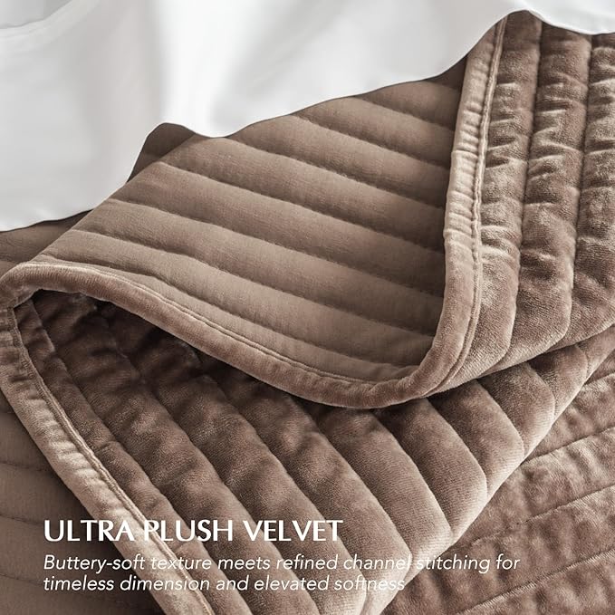 EVERGRACE Velvet Quilt Set King Size, Luxurious Soft Striped Channel Bedding Set, Lightweight Velvet Comforter for All Season, Oversized Bedspread Coverlet with 2 Matching Shams, Mocha Brown