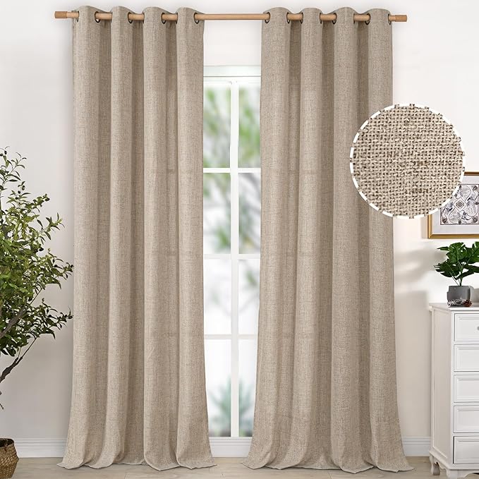 YoungsTex Linen Curtains 102 Inches Long Textured Extra Long Curtain with Bronze Grommet Privacy Light Filtering Drapes for Living Room Bedroom, Dark Oatmeal, 52 x 102 Inch, 2 Panels