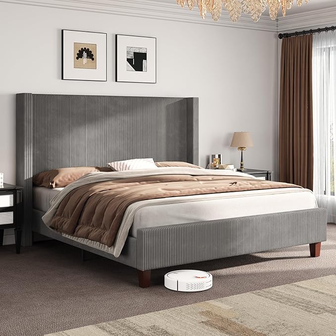 AMERLIFE Queen Size Upholstered Bed Frame with 50.8" Tall Headboard, Wingback Platform Bed with Solid Wood Legs, Wooden Slats, Corduroy/No Box Spring Needed/Noise Free/Greige