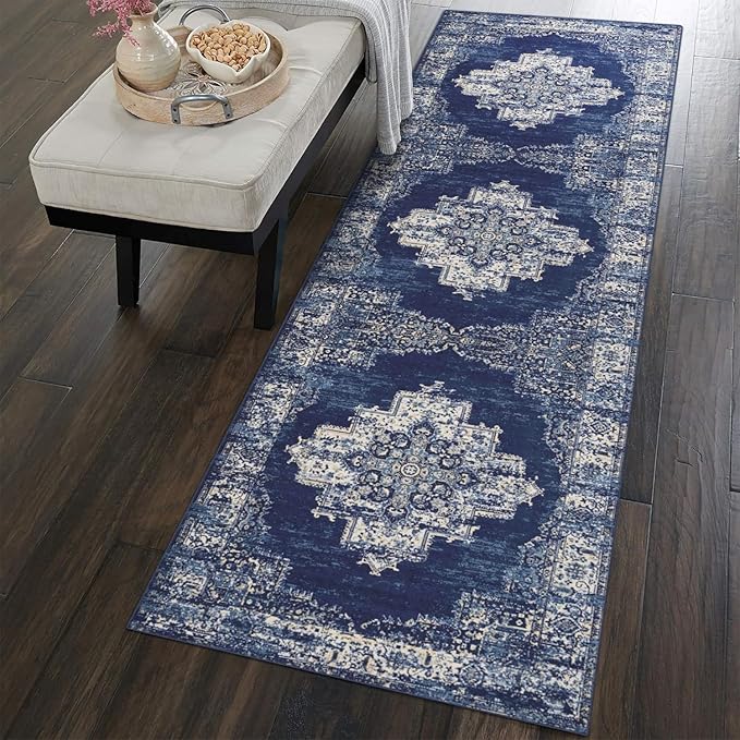 vivorug Runner Rug 2x10 Machine Washable Rug with Non-Slip Backing, Ideal for Kitchen Hallway Entryway Laundry Room - Vintage-Inspired, Durable, Easy Clean, Low Pile Carpet Runner, Navy Blue