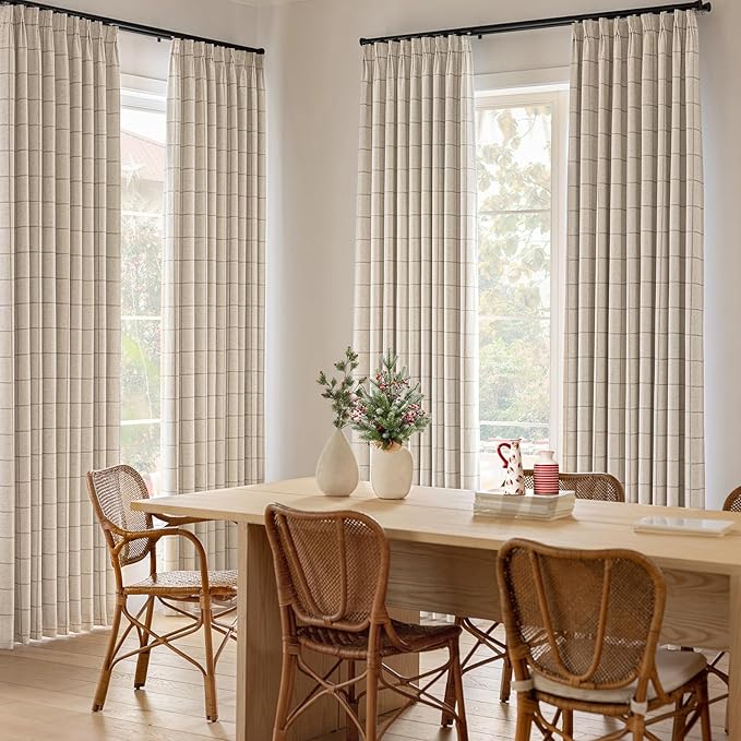 Linen Plaid Blackout Curtains Gingham Double Layer for Living Room,Bedroom,Dining Room 108 Inches Long 2 Panels Set Luxury and Modern Printed Design Darkening Pinch Pleated