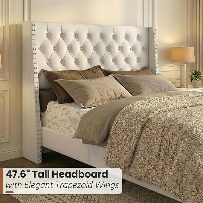 Full Size Bed Frame White Velvet, 47.2" Tall Wingback Headboard with Gold Nailhead Trim, Upholstered Platform Bed with Diamond Tufting, 1000lbs Heavy Duty Support, No Box Spring Needed