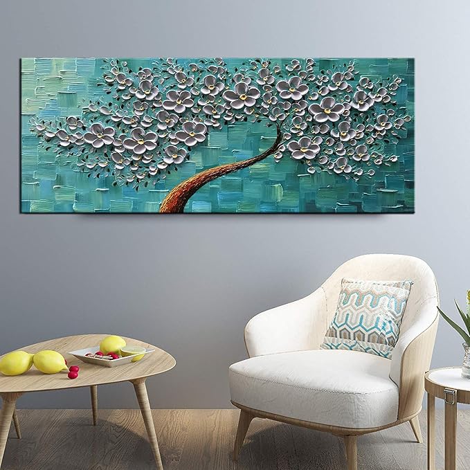 YaSheng Art - 24x60inch Large Wall Art Flowers Oil Painting On Canvas Texture Palette Knife 3D Silver Flowers Tree Paintings Abstract Artwork Canvas Wall Art Home Living Room Decor Painting