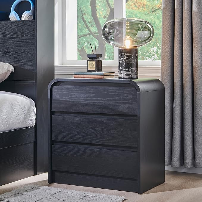 25" Tall Modern Nightstand with Charging Station, 23.6'' Wide Wood Bedside Table w/3 Storage Drawers, Small Dresser w/Curved Profile Design, End Table for Bedroom, Black