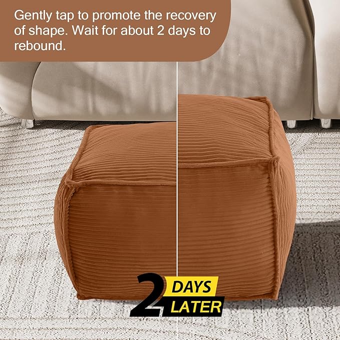 MeMoreCool Stuffed Pouf Ottoman Foot Rest Square, Corduroy Floor Pouf Foot Stool with Foam Chunk Filling, Soft Stuffed Ottoman Footrest for Living Room, Coffee