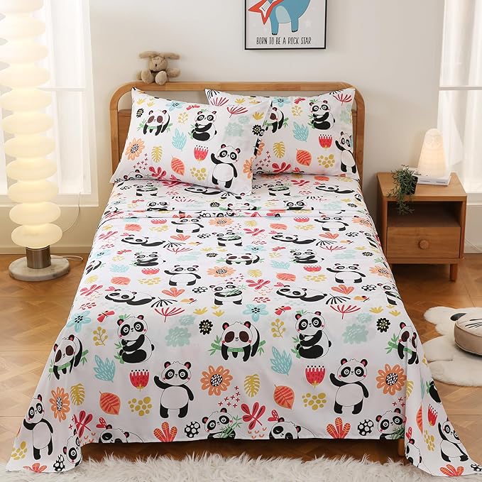 JSD Panda Kids Sheet Set Full Size, 4 Piece Floral Printed Microfiber Bed Sheets Deep Pocket
