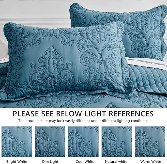 CHIXIN Bedspread Coverlet Quilt Set Full Size - Lightweight Bedding Cover - Beautiful Stitching - 5 Piece Reversible Bedspread - Luxury Damask Paisley Pattern (Full, Lagoon)