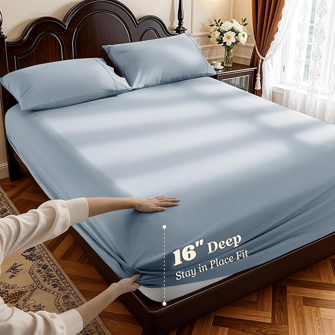 LBRO2M 1000 Thread Count 100% Egyptian Cotton Sheets Set King, 4 Piece Sets Bed Sheet Deep Pocket Sheet Set 16" Soft Comfortable All Season (King, French Blue)