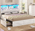 VIAGDO Farmhouse Bed Frame Queen Size with Bookcase Storage Headboard, Charging Station and LED Lights, Wooden Queen Bed Frame with 4 Drawers, Barn Door Design, No Box Spring Needed, No Noise, White